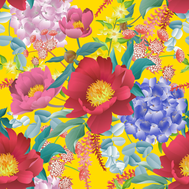 花卉无缝模式。牡丹，绣球花，桉树枝，树叶和草本植物。图片下载