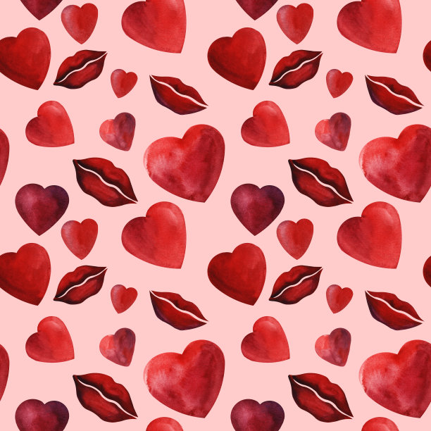 水彩红心唇背景婚恋浪漫无缝图案图片下载
