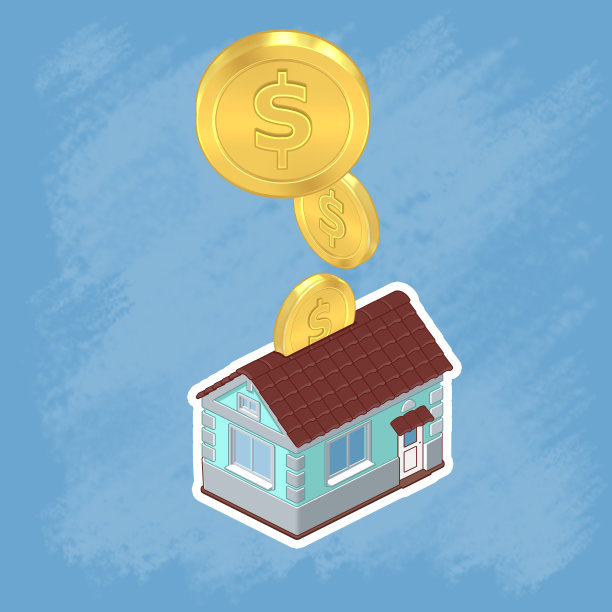 在蓝色的背景上画上彩色的房子和硬币。光栅插图。孤立的图片下载