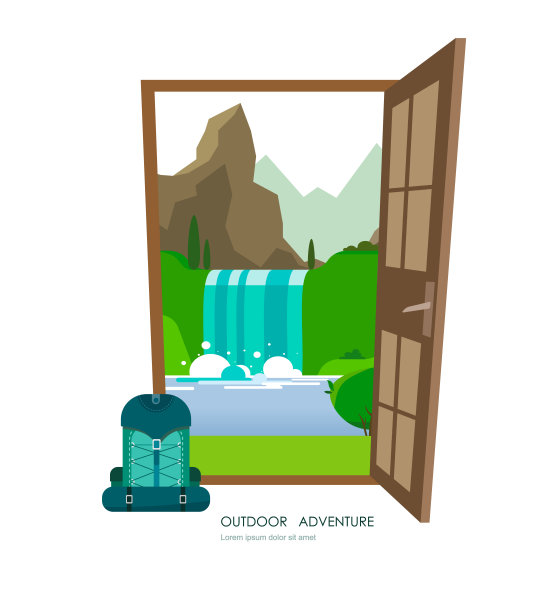 打开门。在户外活动中打开门，在白色的背景下旅行。向量图片下载