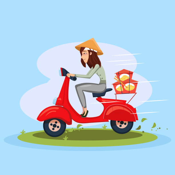 亚洲速递食品服务。女孩骑着踏板车和面条盒。矢量卡通人物插图。图片下载