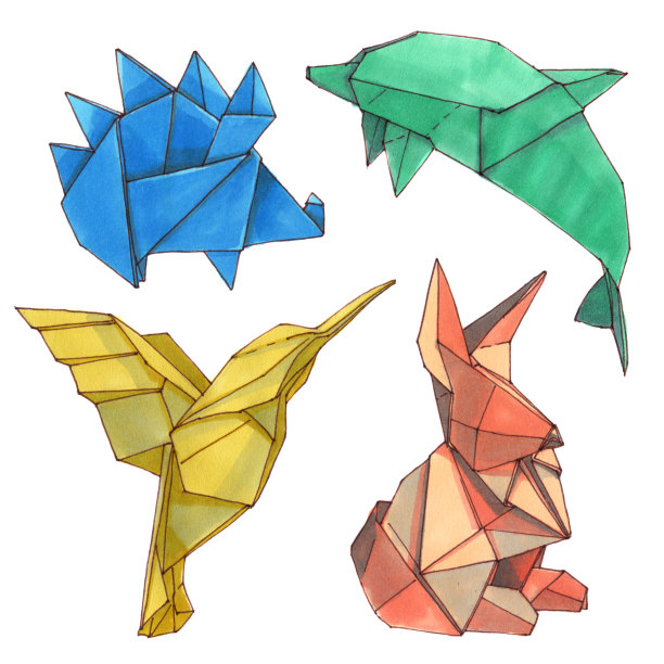 水彩插图折纸动物形状。手绘一套4折纸图形孤立在白色背景。图片下载