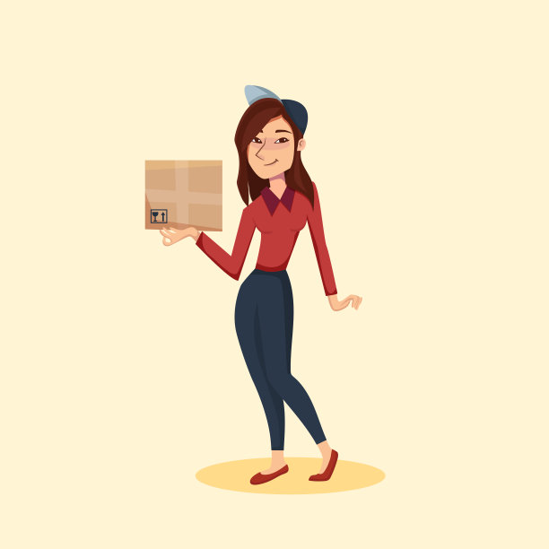 带着纸板箱的快递员。速递服务。矢量卡通人物插图。交付的概念。图片下载