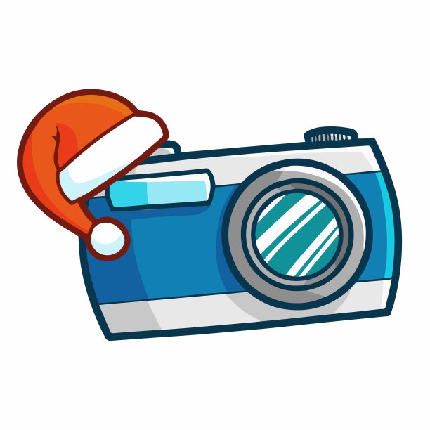 戴着圣诞老人帽子的蓝色老式相机图片下载