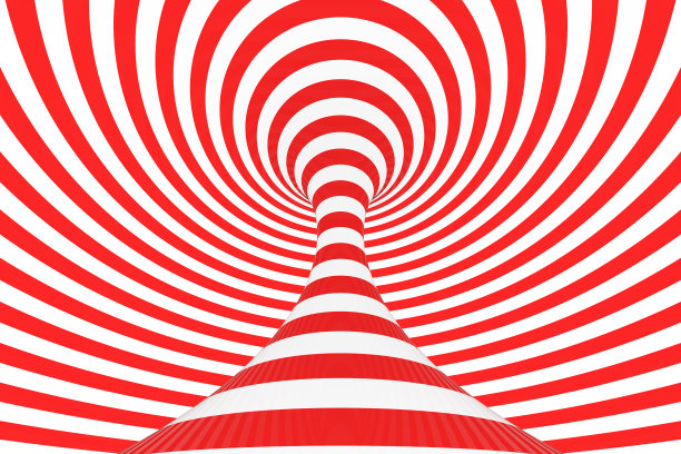 漩涡光学3D错觉光栅插图。对比红色和白色的螺旋条纹。几何环面图像与线，环。图片下载