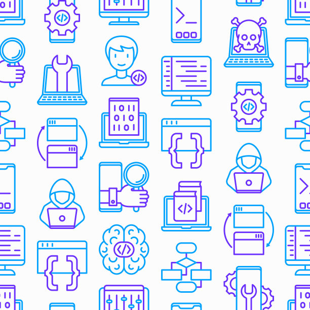 细线图标无缝编程模式:开发人员、代码、算法、技术支持、程序设置、移植、编译、应用测试、病毒、优化。现代向量插图。图片下载