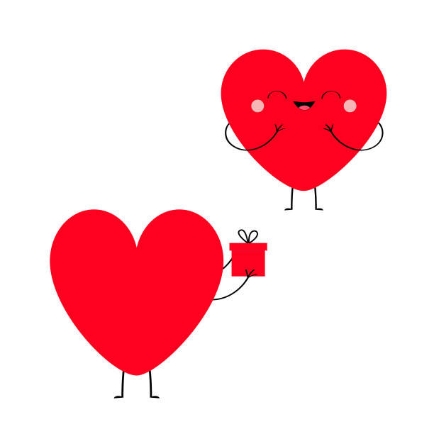 红心情侣恩爱。情人节快乐的标志符号。可爱的卡哇伊卡通微笑人物抱礼盒。平面设计。爱的贺卡。孤立。白色背景。图片下载