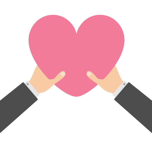 两个商人手挽着粉红色的心形标志。情人节快乐。贺卡。扁平化设计风格。爱灵魂的礼物概念。闭合身体部分。白色背景。孤立。图片下载