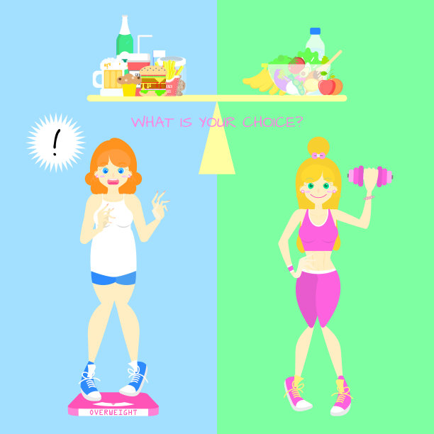 超重女性和健康饮食女性，健康生活方式选择概念信息图与快餐和蔬菜，水果的规模图片下载