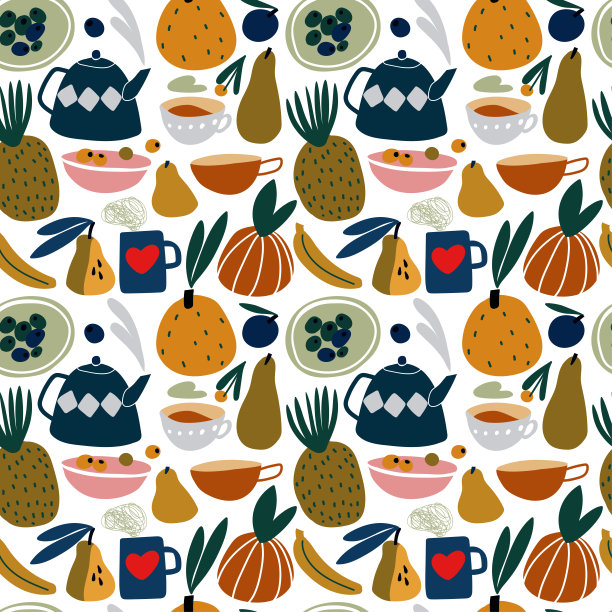 图案与茶壶，杯子和水果图片下载