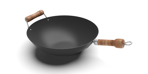 空的木柄炒锅孤立在白色背景上。三维演示图片下载