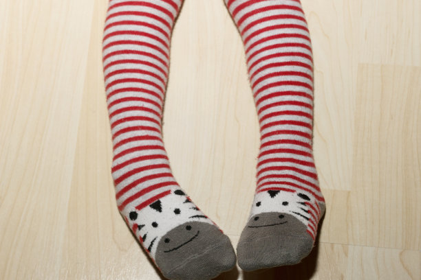 一个小女士的脚在条纹裤袜的特写，斑马样的脚，背景强化地板。家庭田园诗，柔和的热度。图片下载