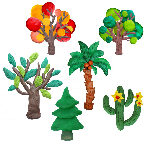 彩色的橡皮泥3D树，图标设置孤立的白色背景图片下载