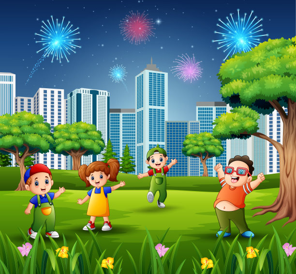 孩子们在户外玩城市风景和天空中的烟花图片下载