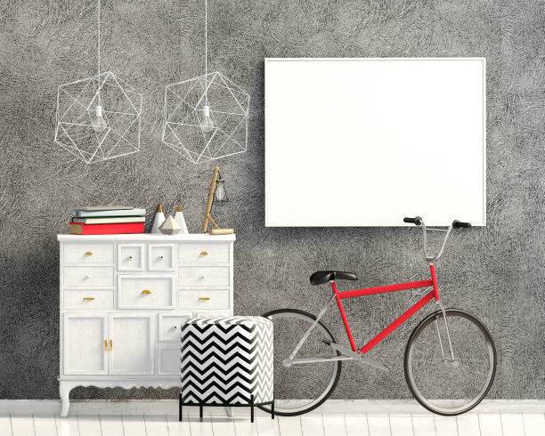 带有梳妆台的现代室内装潢。海报的模拟。3 d演示。图片下载