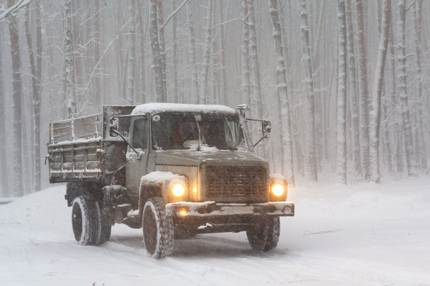 暴风雪中的卡车行驶在森林道路上。运输图片下载