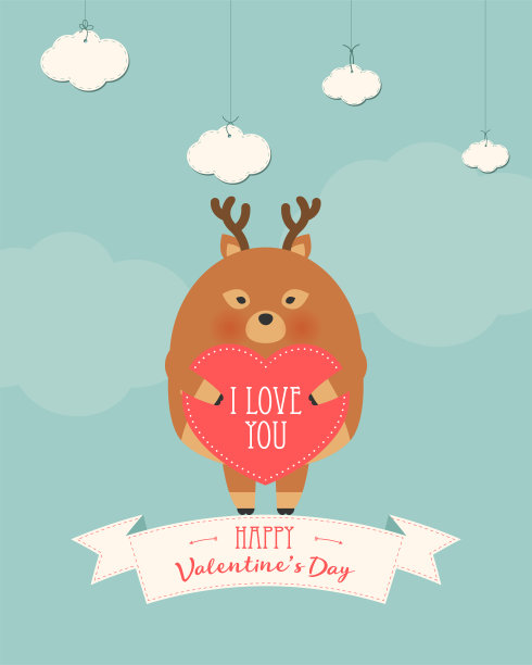 矢量卡通风格的插图情人节浪漫的礼品卡与可爱的鹿在他的手捧心。做我的情人节短信。图片下载