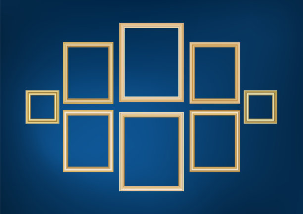 一套装饰框架图片与黄金边界，矢量设计的蓝色背景与溢价概念的空间。图片下载