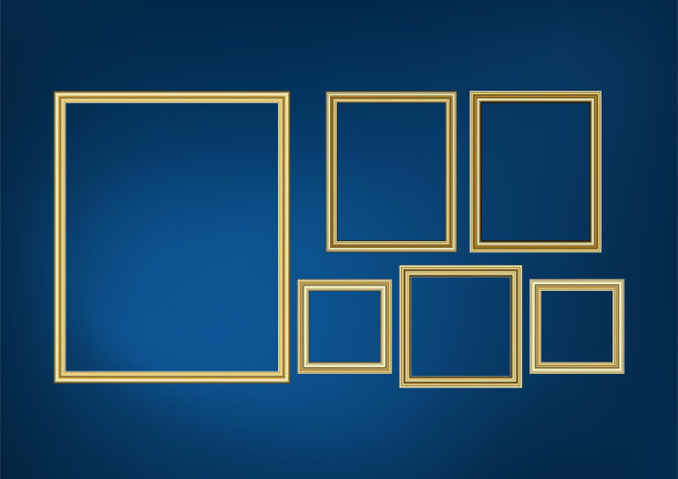 一套装饰框架图片与黄金边界，矢量设计的蓝色背景与溢价概念的空间。图片下载