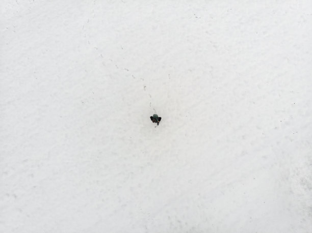 成年徒步者在白雪覆盖的空地上徒步旅行。鸟瞰图，正上方。图片下载