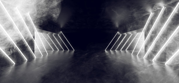 白色霓虹灯发光Led管灯烟雾科幻未来派黑暗空垃圾混凝土天花板地板反射房间瓷砖外星人背景3D渲染图片下载