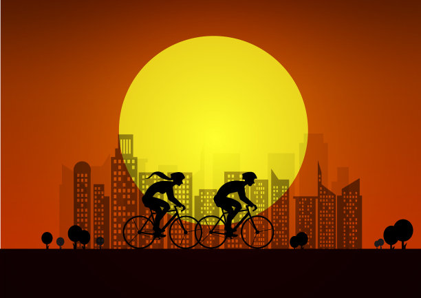 在城市里骑自行车的夫妇。插图与两个骑自行车的剪影。日落的背景图片下载