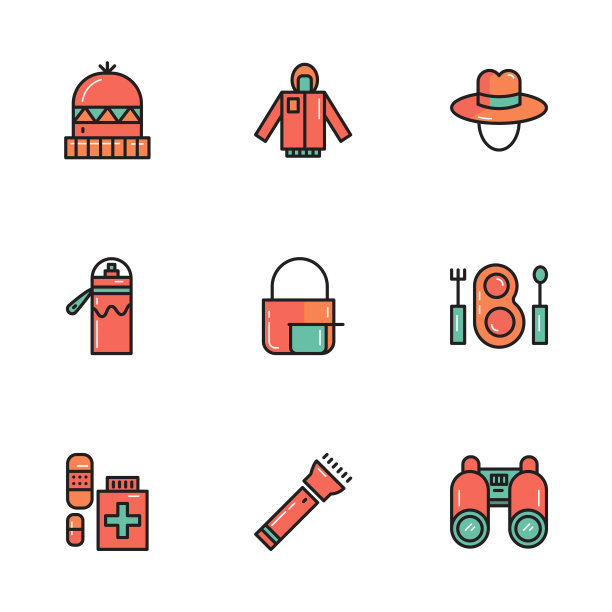 露营和户外的衣服和工具。羊毛帽，药房，手电筒和更多。图片下载