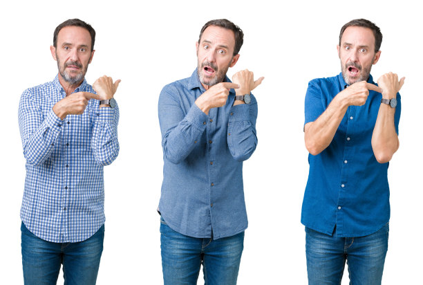 拼贴的帅老头过白孤立的背景，急着指着手表时间，不耐烦，心烦意乱，为最后期限的拖延而生气图片下载