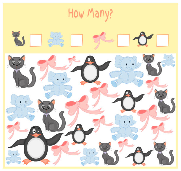 学龄前儿童的数数游戏。一个数学教育游戏。数一数有多少项，并写出结果。野生动物和家畜。大自然。图片下载