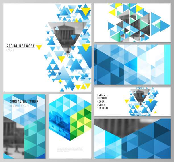 现代社交网络模型在流行格式的可编辑布局的极简抽象矢量插图。蓝色多边形背景与三角形，彩色马赛克图案。图片下载