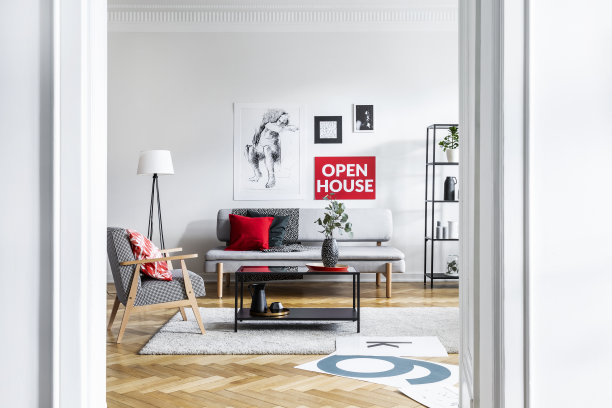 客厅室内扶手椅和长沙发旁边地毯上的桌子，上面有海报和台灯。真实的照片图片下载