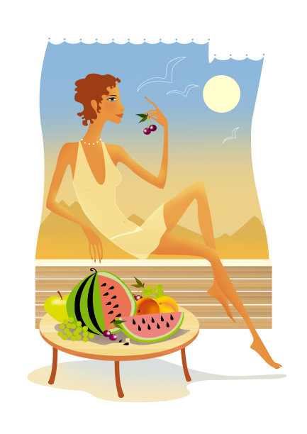 晒黑的年轻女子吃水果和浆果图片下载