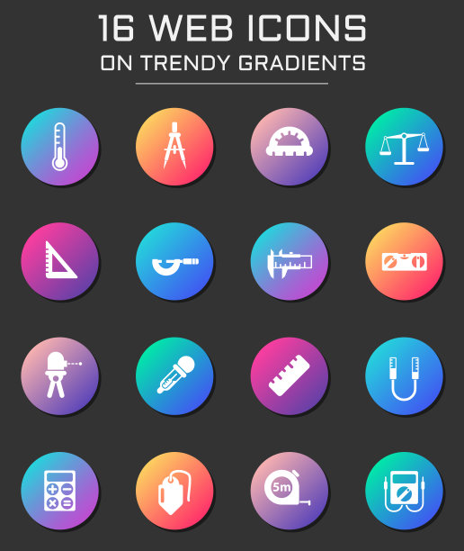 测量工具图标集。测量工具web图标在圆形时髦的梯度图片下载
