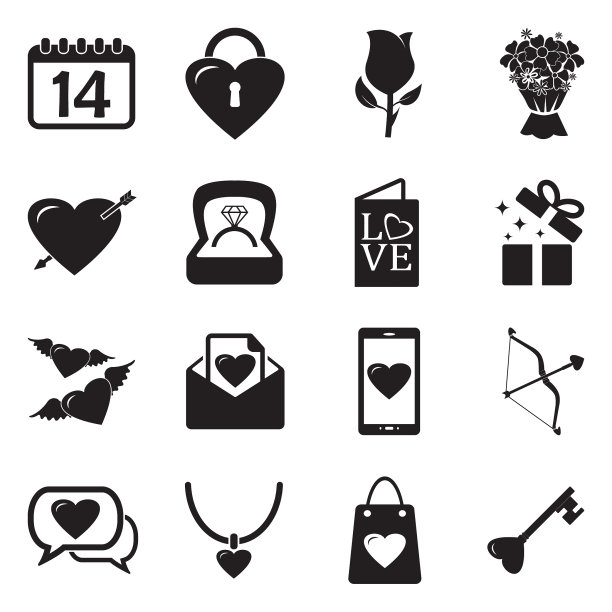 情人节的图标。黑色的平面设计。矢量插图。图片下载