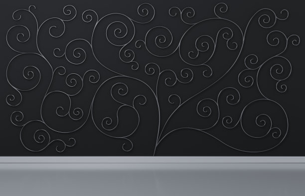 黑色墙面背景与金属丝风格化的有机树装饰，3d渲染图片下载