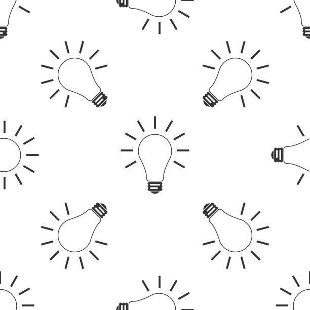 灯泡与光线闪烁图标无缝模式上的白色背景。能量和理念的象征。灯电。平面设计。矢量图图片下载