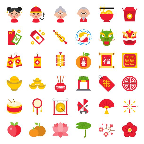 中国农历新年图标与中国字母福和喜，意味着幸运和双喜。平的图标素材图片