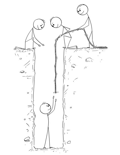 卡通人物或商人被困在深洞中，并被队友或同事拯救图片下载