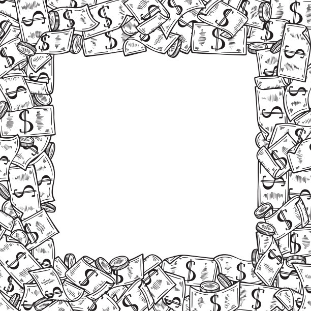金钱堆方形矢量框架。手绘涂鸦美元钞票和硬币。黑白插图图片下载