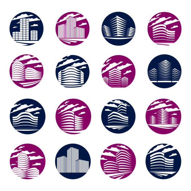 未来建筑圆形图标或标志集，现代风格向量建筑插图收集。房地产商业中心设计。大城市的3D商业办公室立面。图片下载