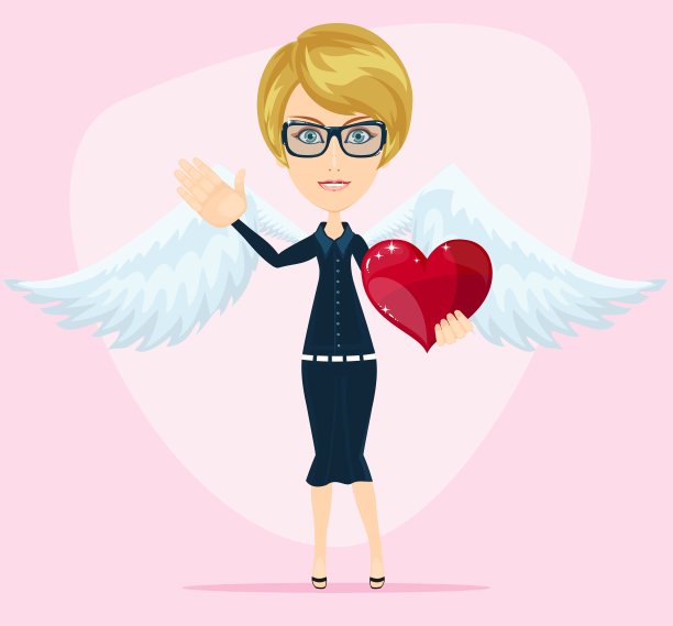 美丽的年轻女子丘比特天使与白色的翅膀和心脏图片下载