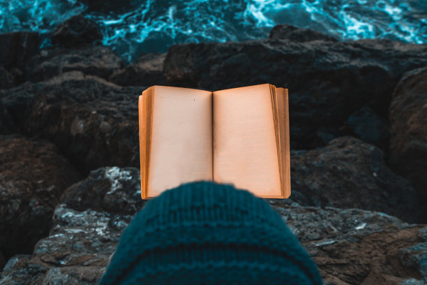 俯视图的一个空的书在海上和岩石的看法图片下载