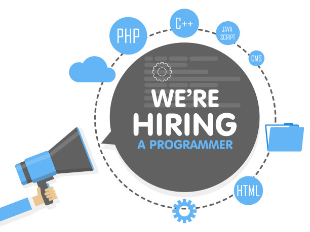 我们雇了一个程序员。扩音器概念矢量插图。横幅模板，广告，搜索雇员，雇用开发人员或程序员的工作。图片下载