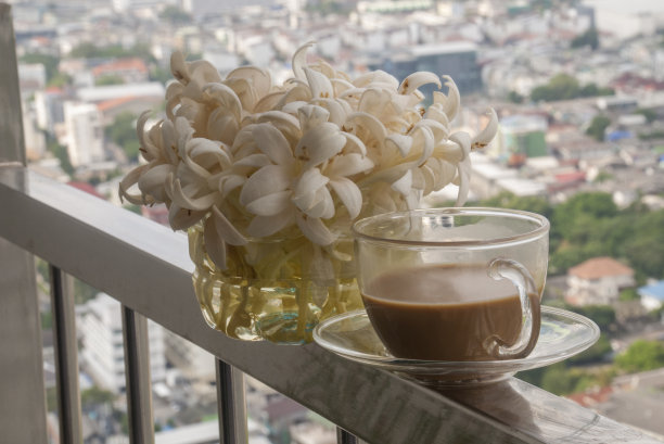 阳台上有咖啡和鲜花图片下载