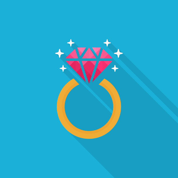 钻石订婚戒指图标与蓝色背景上的长阴影，平面设计风格图片下载