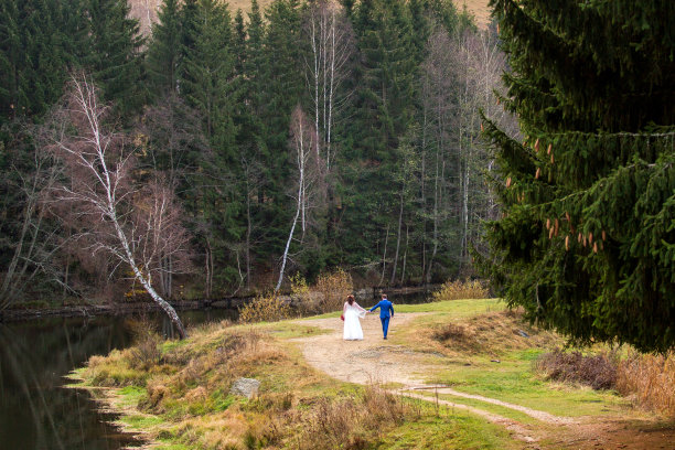 一对新婚夫妇在乡村湖边的小山上拍照图片下载