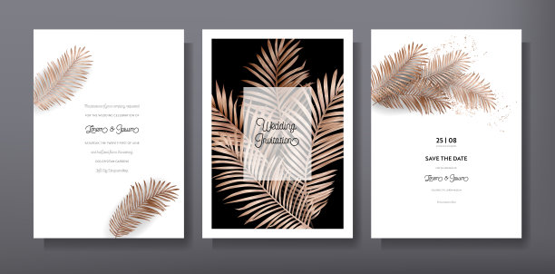 热带时尚的问候或邀请卡模板设计，一套海报，传单，小册子，封面，派对广告，金棕榈叶矢量图片下载