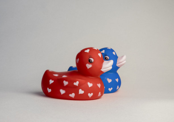 浪漫的沐浴红色和蓝色的爱鸭子的身体上的心为情人节问候图片下载