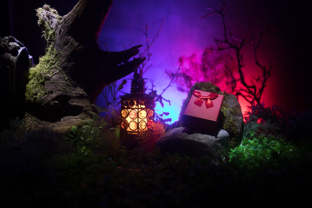 晚上的婚礼仪式用许多复古的灯和蜡烛在大树上图片下载