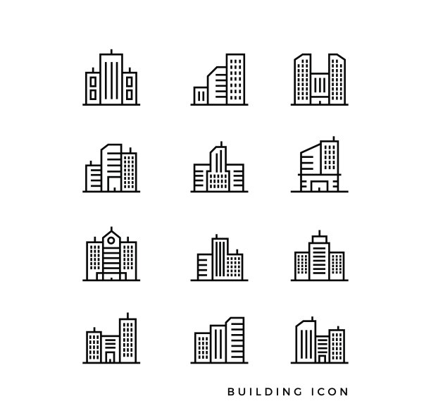 设置城市景观线图标。白色背景上的线条图标集。建筑概念、建筑和摩天大楼图片下载